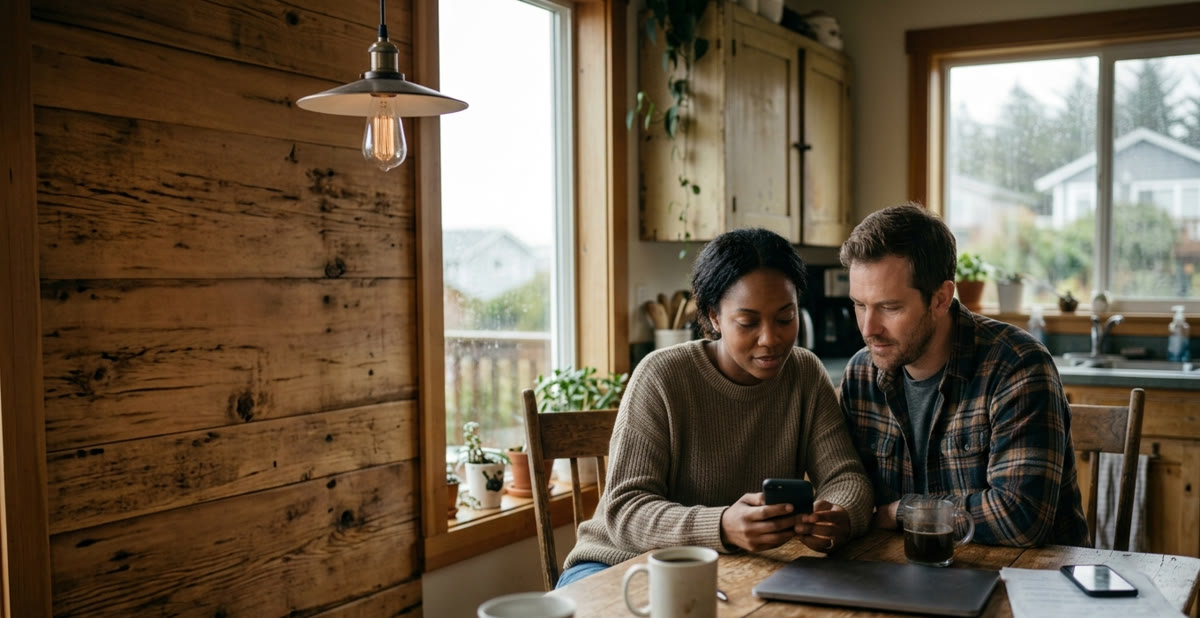 Couple comparing insurance quotes at home